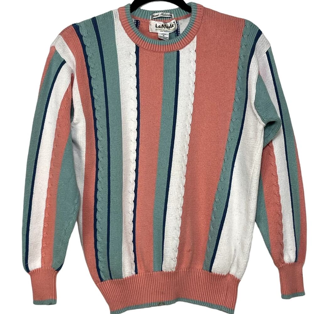 Vintage Women's La Mode Hand Intarsia Pink, White and Green Striped Sweater